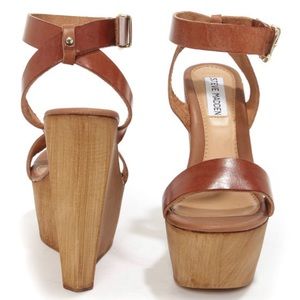 Beachy Cognac Leather Wooden Platform Wedge